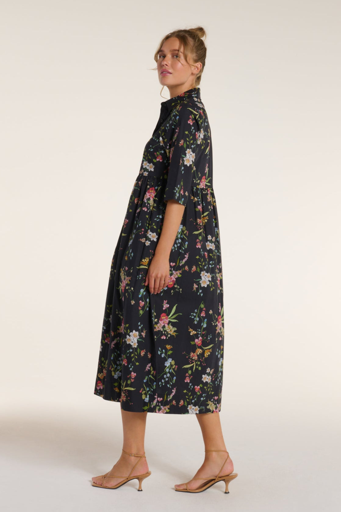 Back in Francesca Collared Belted Maxi Dress in Black Floral by Hermoza