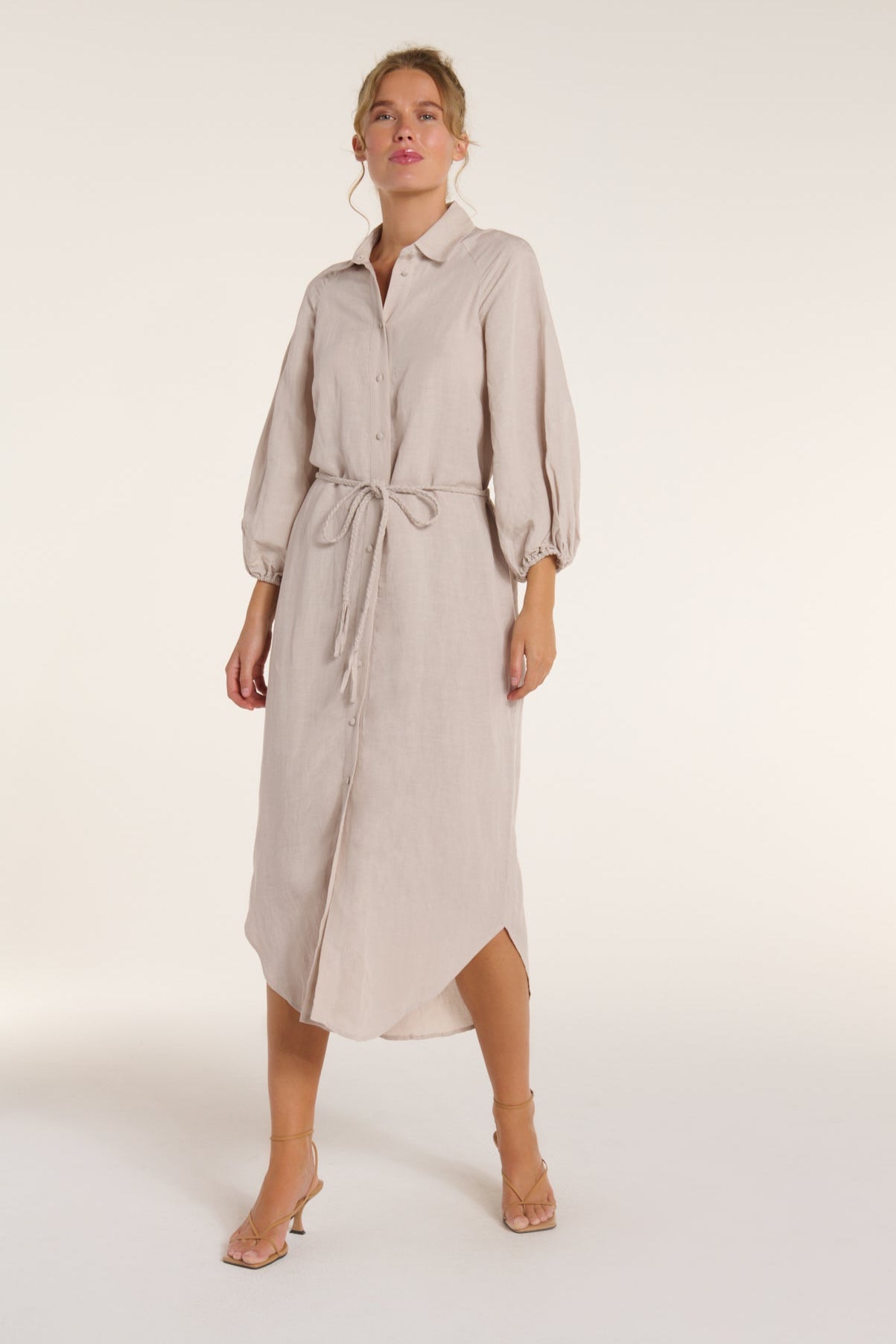 New in Cecilia Collared Button Front Panel Midi Dress in Silver Gray by Hermoza