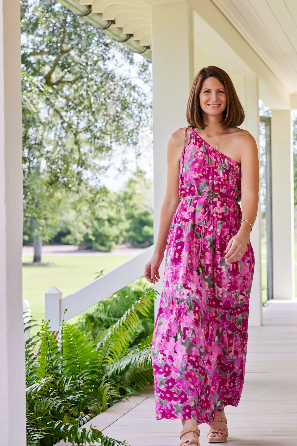 Favorite Joyce One-Shoulder Belted Tie Maxi Dress in Pink Ikat by Hermoza