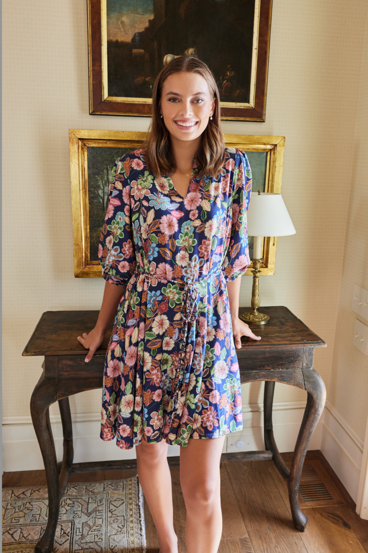 Favorite Gayle Belted Collard Mini Dress in Navy Flora by Hermoza