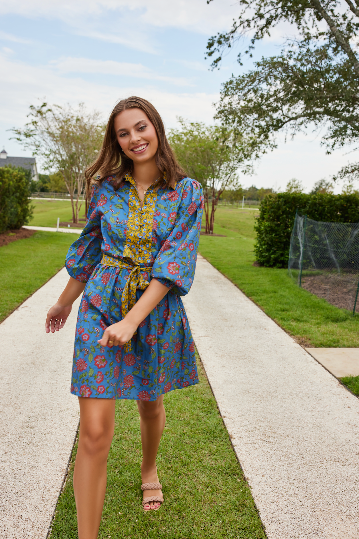 Best Seller Halle Collared Belted Mini Dress in Blue Floral by Hermoza