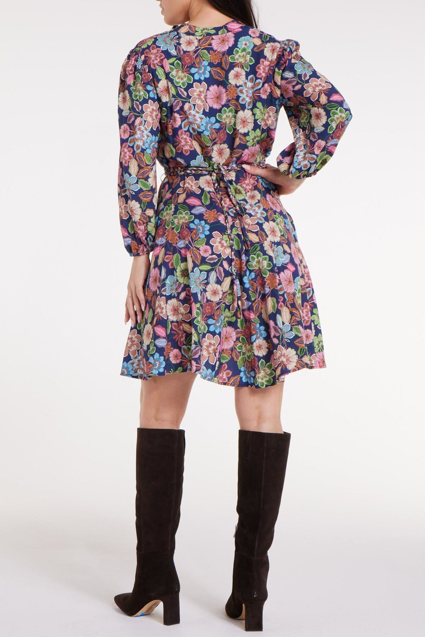 Favorite Gayle Belted Collard Mini Dress in Navy Flora by Hermoza