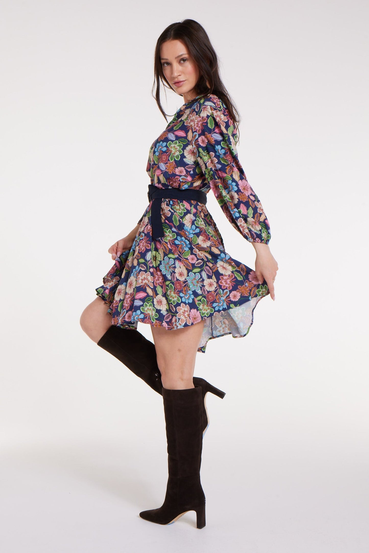 Favorite Gayle Belted Collard Mini Dress in Navy Flora by Hermoza