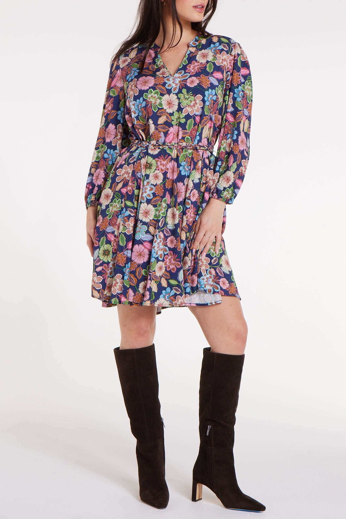 Favorite Gayle Belted Collard Mini Dress in Navy Flora by Hermoza