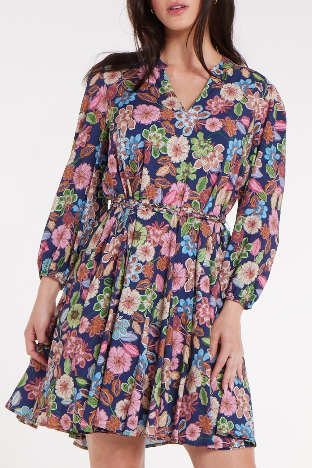 Favorite Gayle Belted Collard Mini Dress in Navy Flora by Hermoza