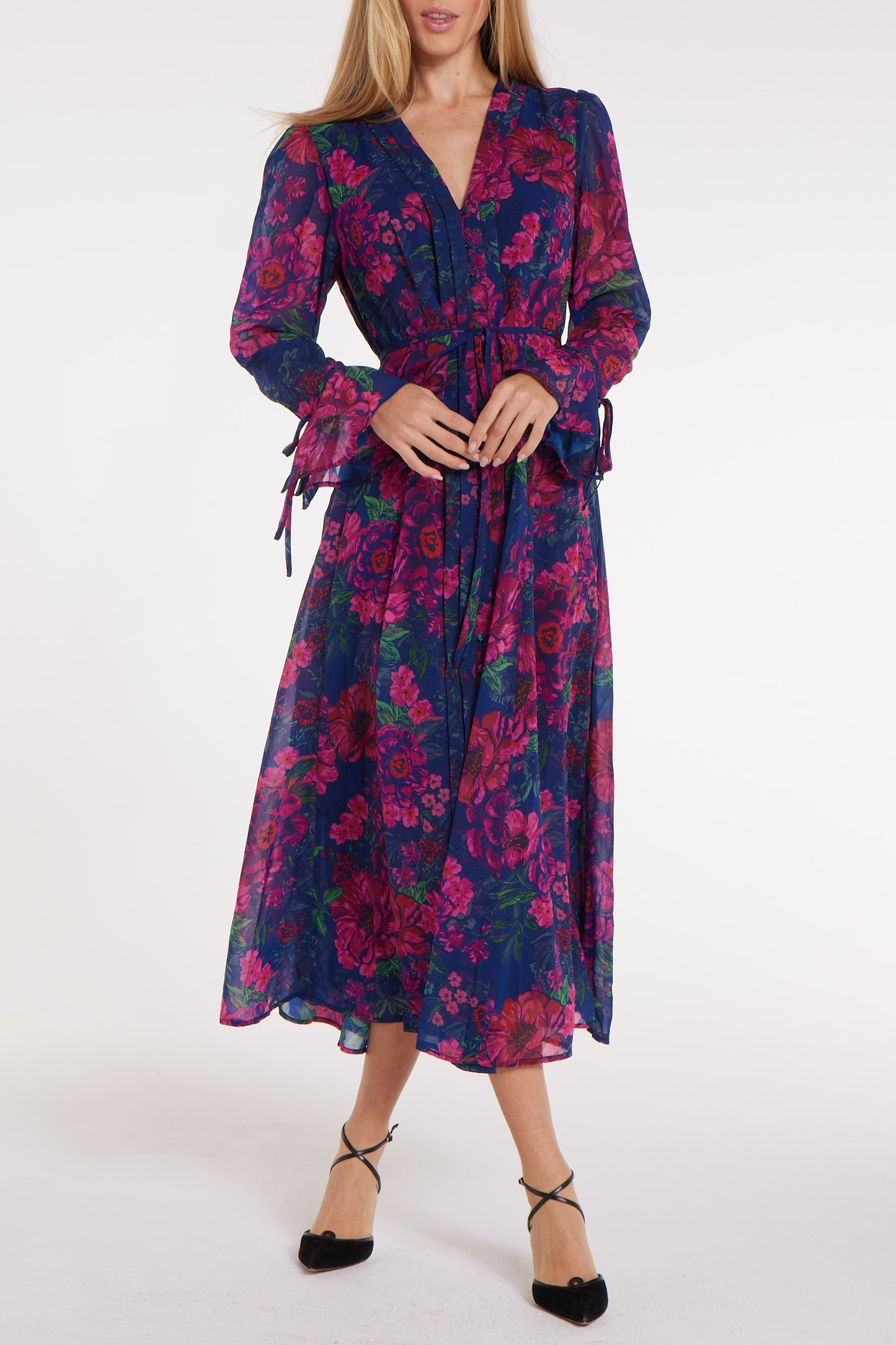 Favorite Cristina Button Front Maxi Dress in Floral Chiffon by Hermoza
