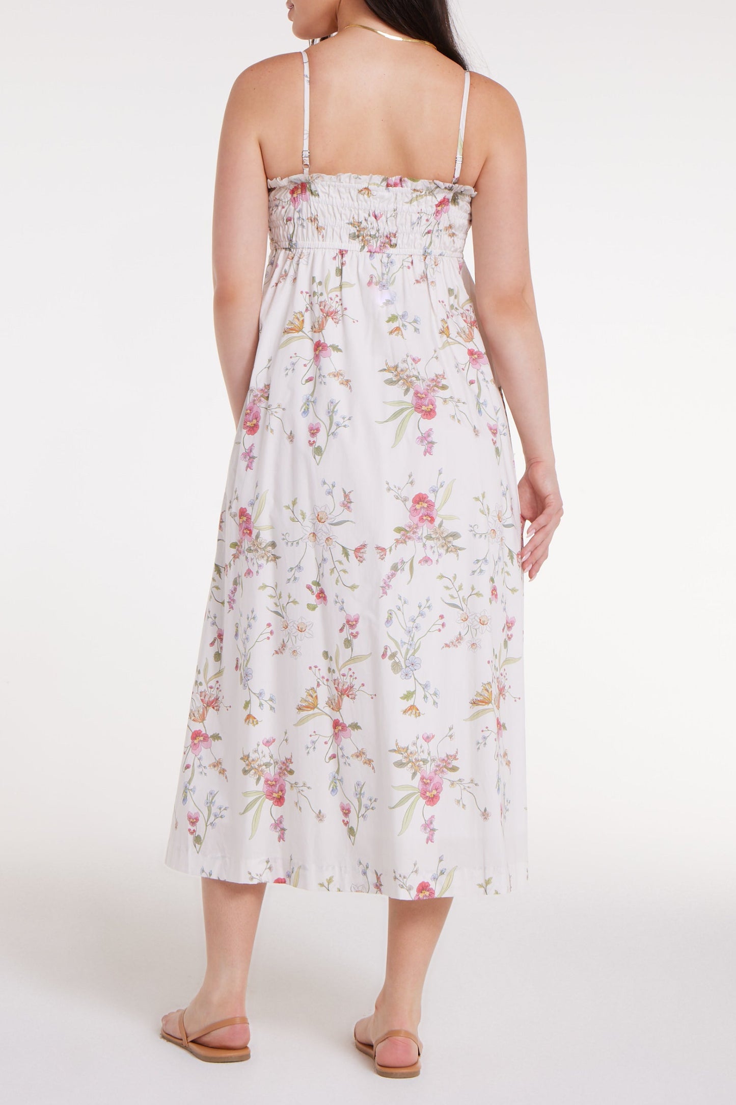New in Margot Smocked Spaghetti Strap Midi Dress in White Floral by Hermoza