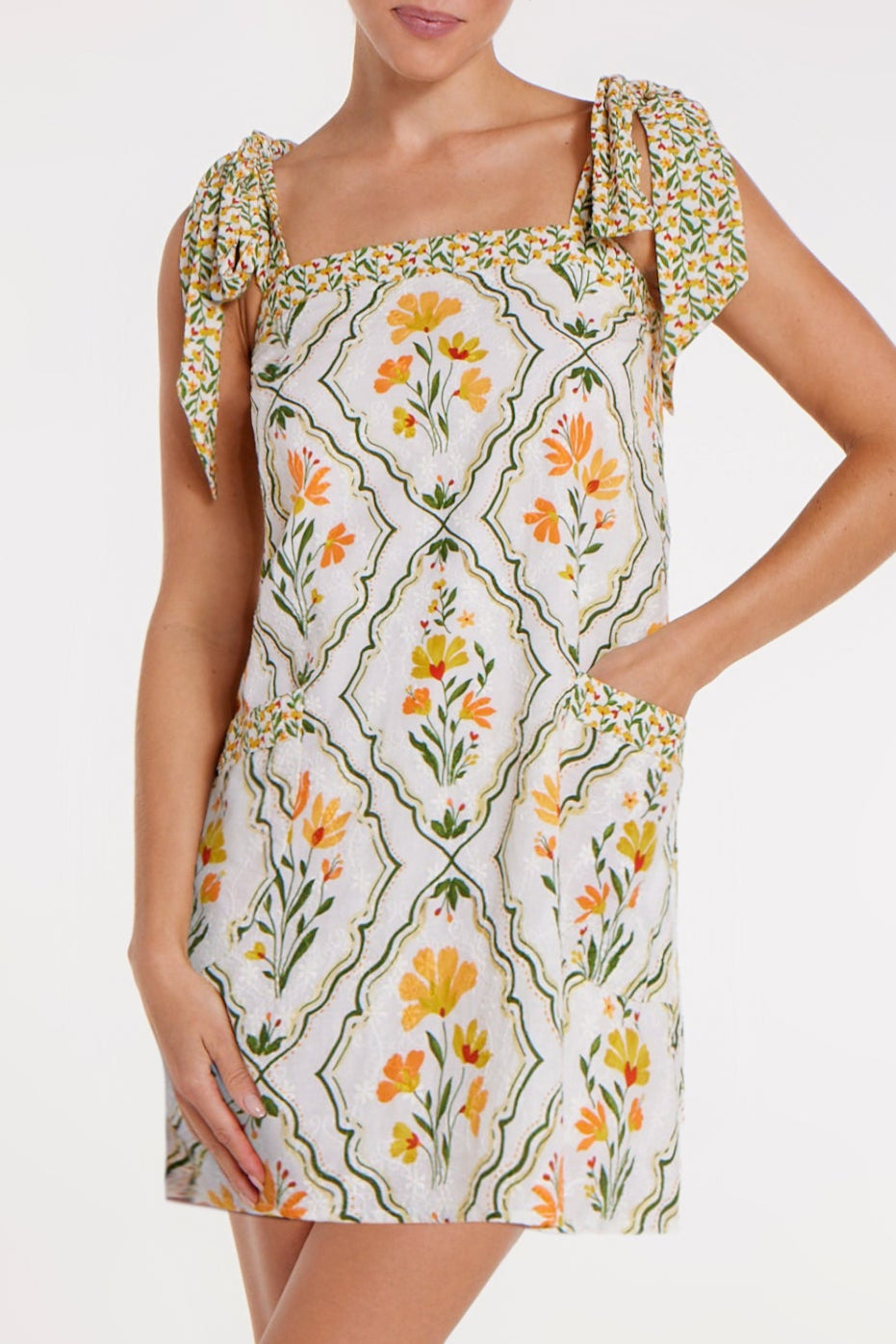 New Product Hillary Bow Tie Mini Dress in Tile Floral by Hermoza