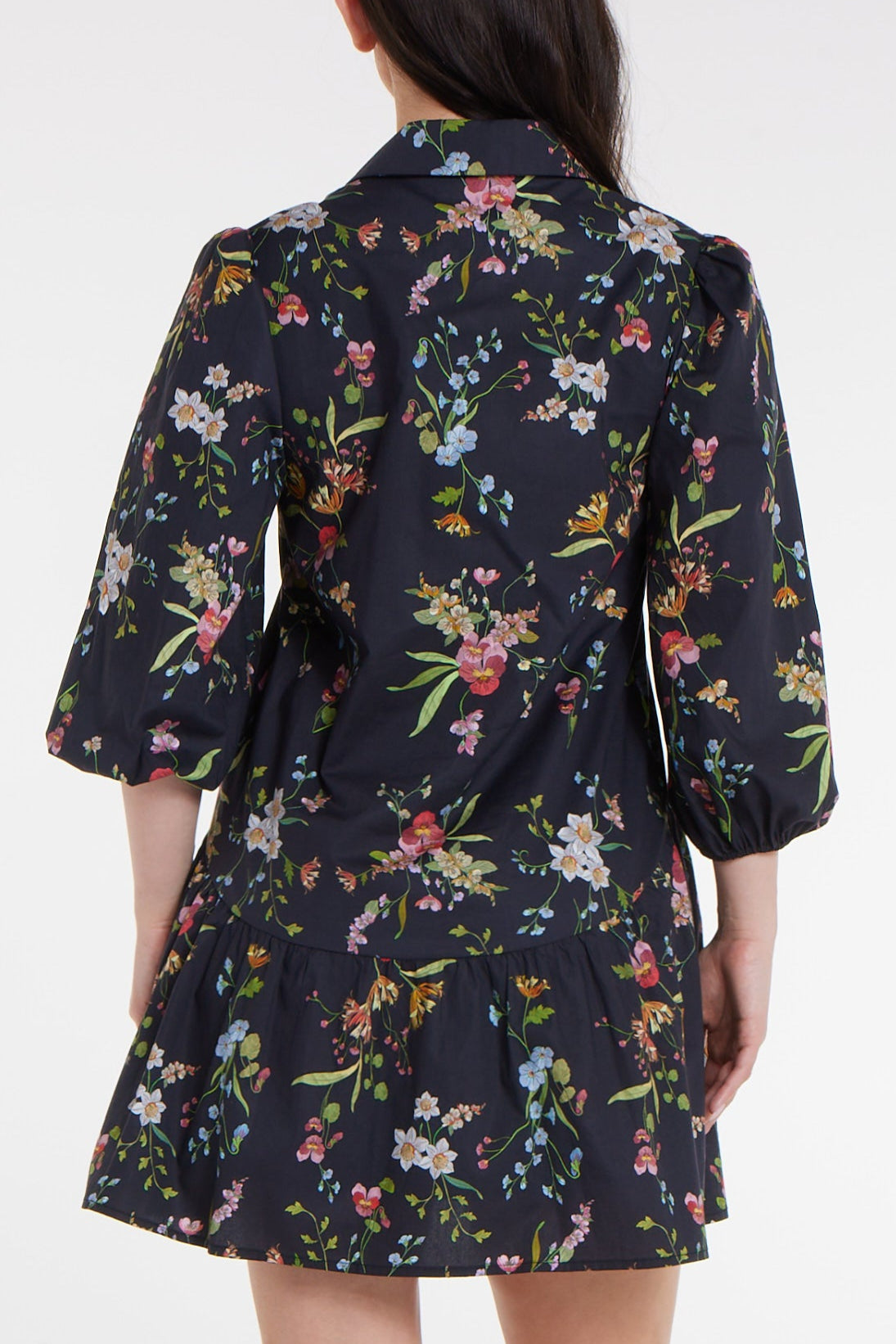 Best Seller Katie Collared Mini Shirt Dress in Black Floral by Hermoza