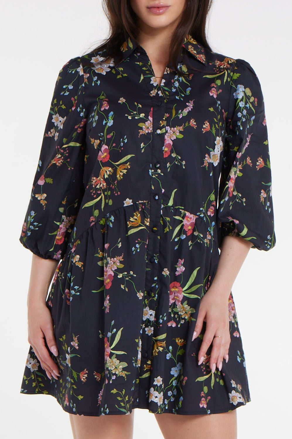 Best Seller Katie Collared Mini Shirt Dress in Black Floral by Hermoza