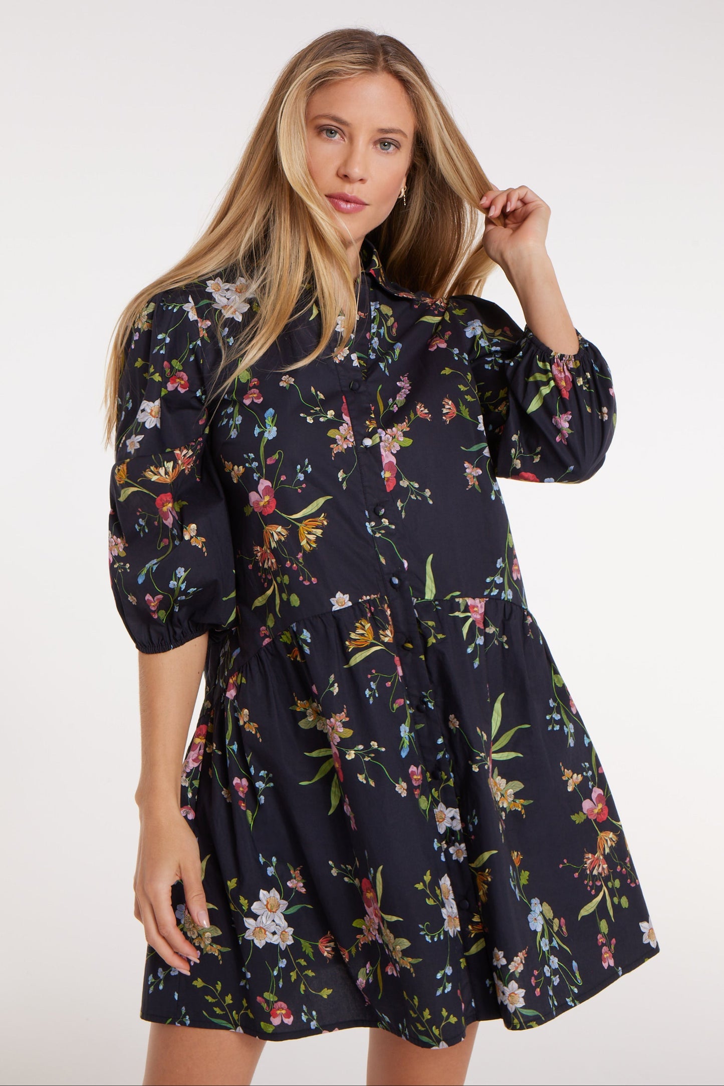 Best Seller Katie Collared Mini Shirt Dress in Black Floral by Hermoza