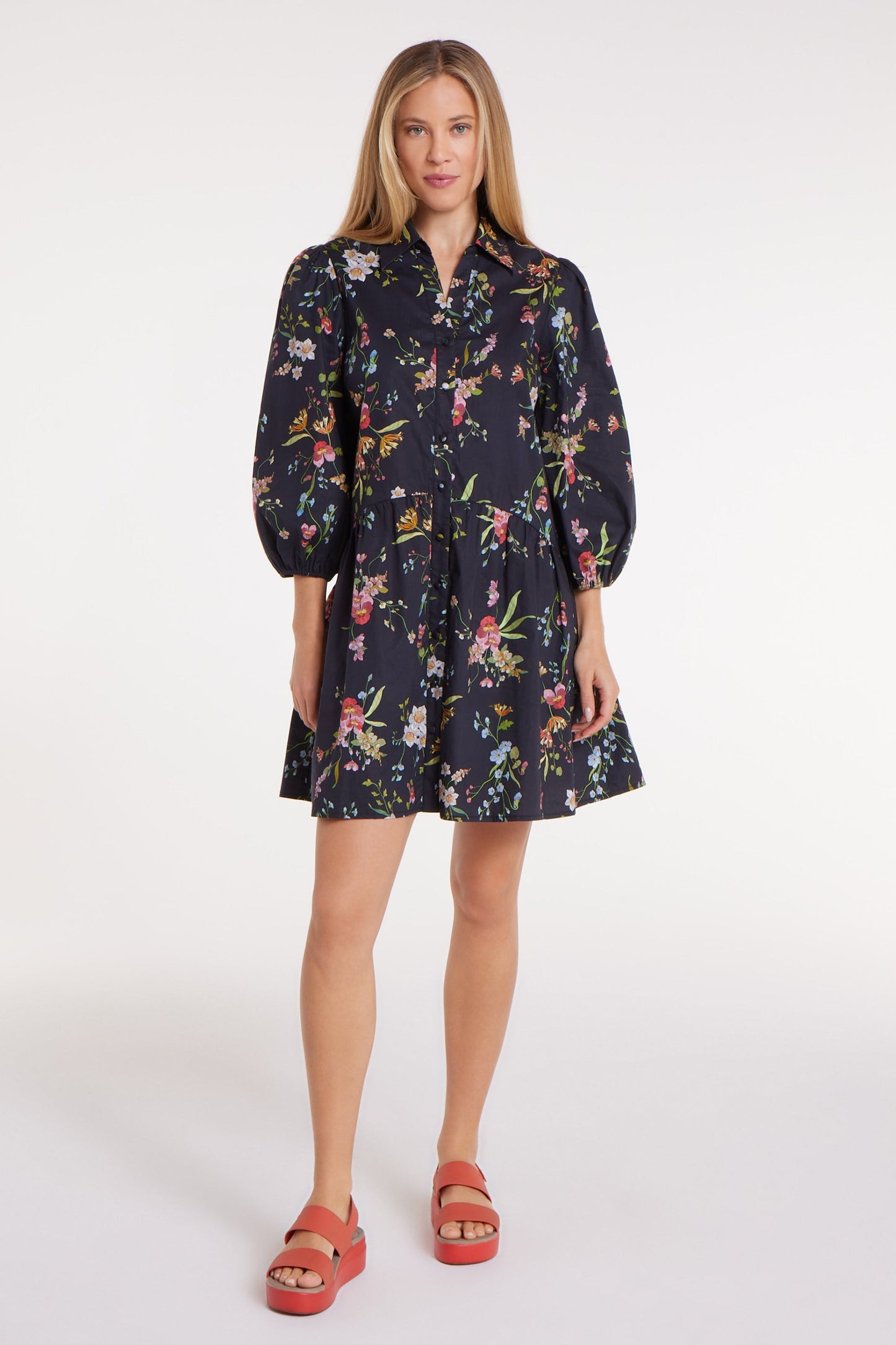 Best Seller Katie Collared Mini Shirt Dress in Black Floral by Hermoza