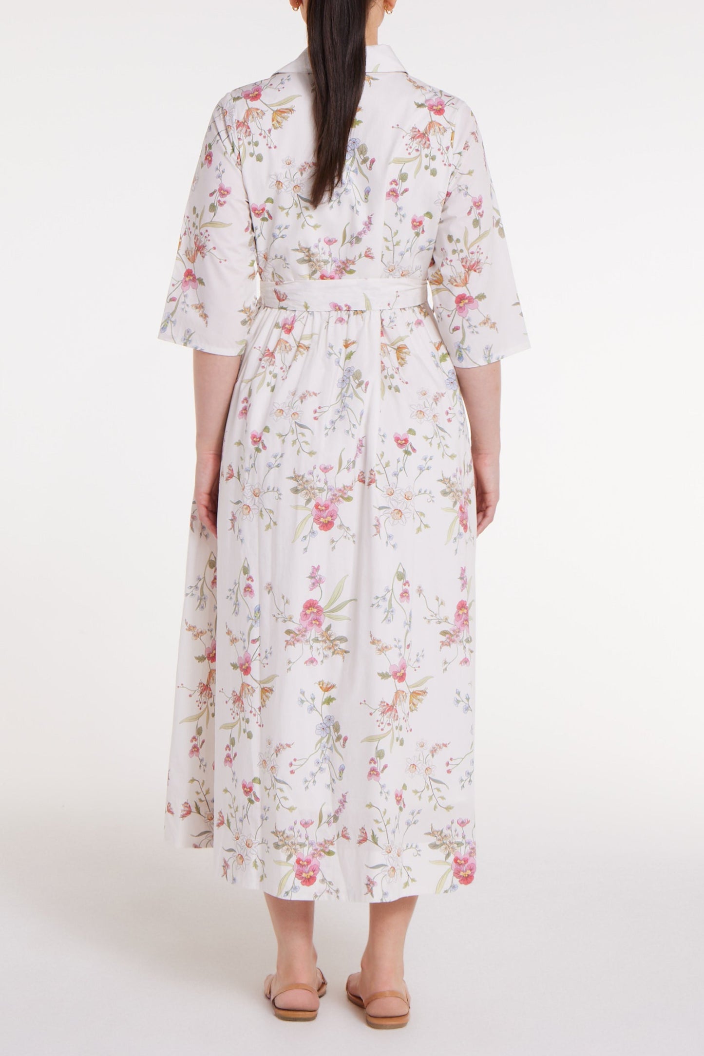 Back in Francesca Collared Belted Maxi Dress in White Floral by Hermoza