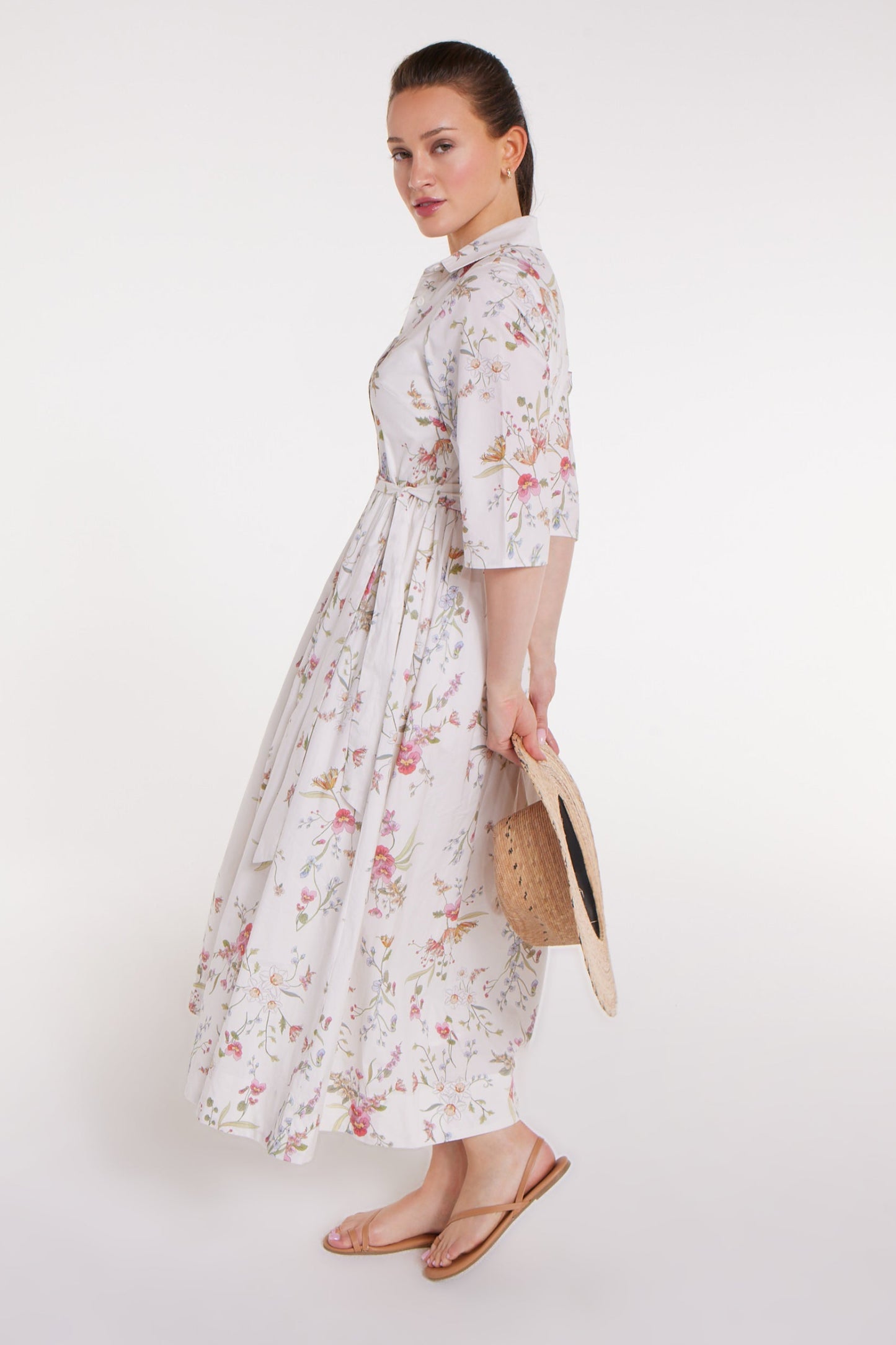 Back in Francesca Collared Belted Maxi Dress in White Floral by Hermoza