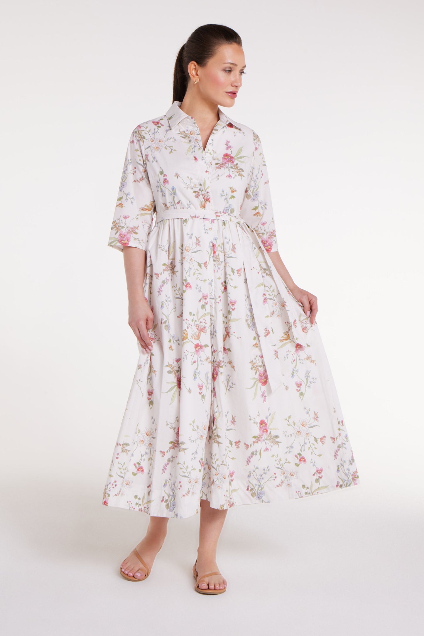 Back in Francesca Collared Belted Maxi Dress in White Floral by Hermoza
