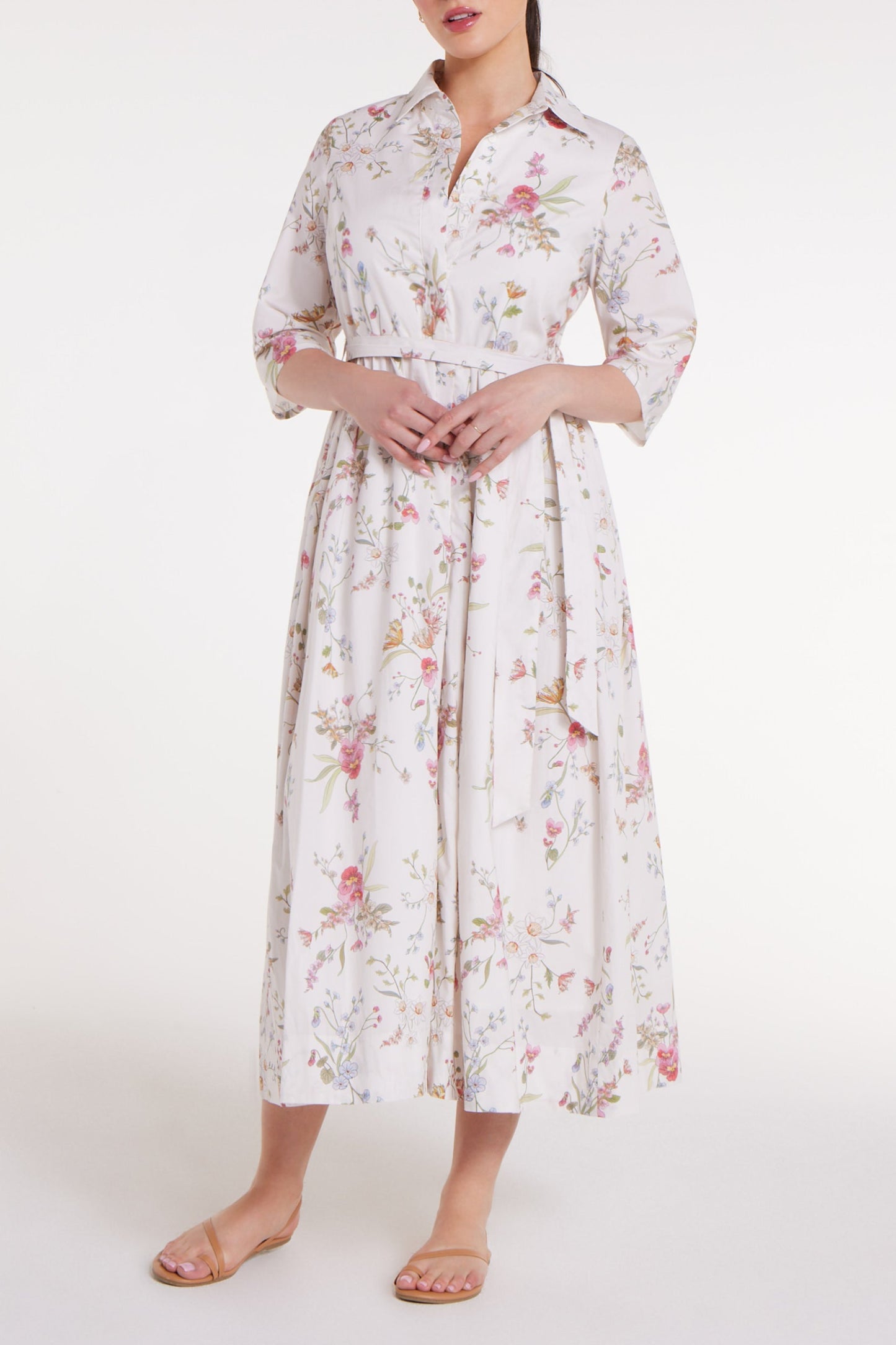 Back in Francesca Collared Belted Maxi Dress in White Floral by Hermoza