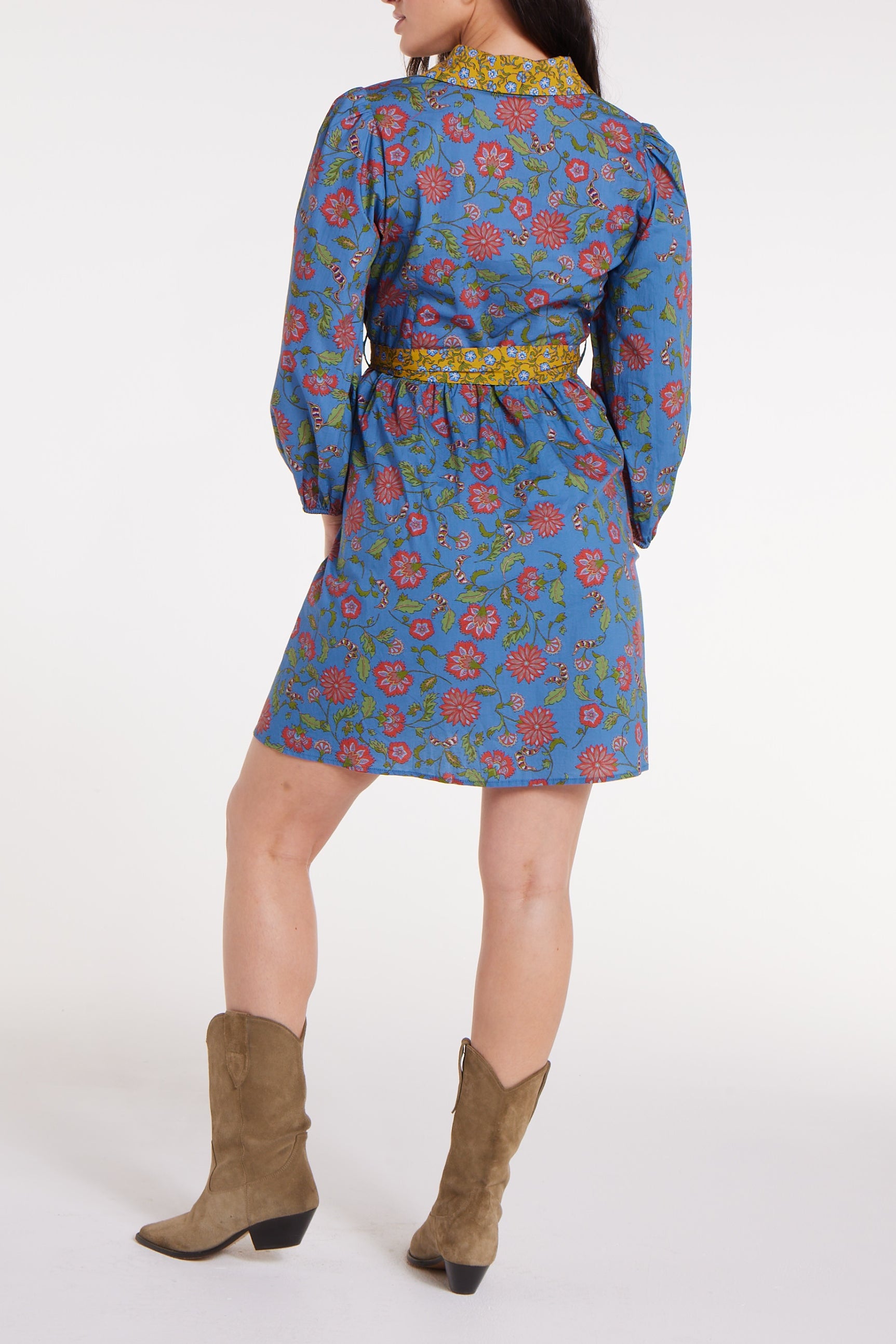 Best Seller Halle Collared Belted Mini Dress in Blue Floral by Hermoza