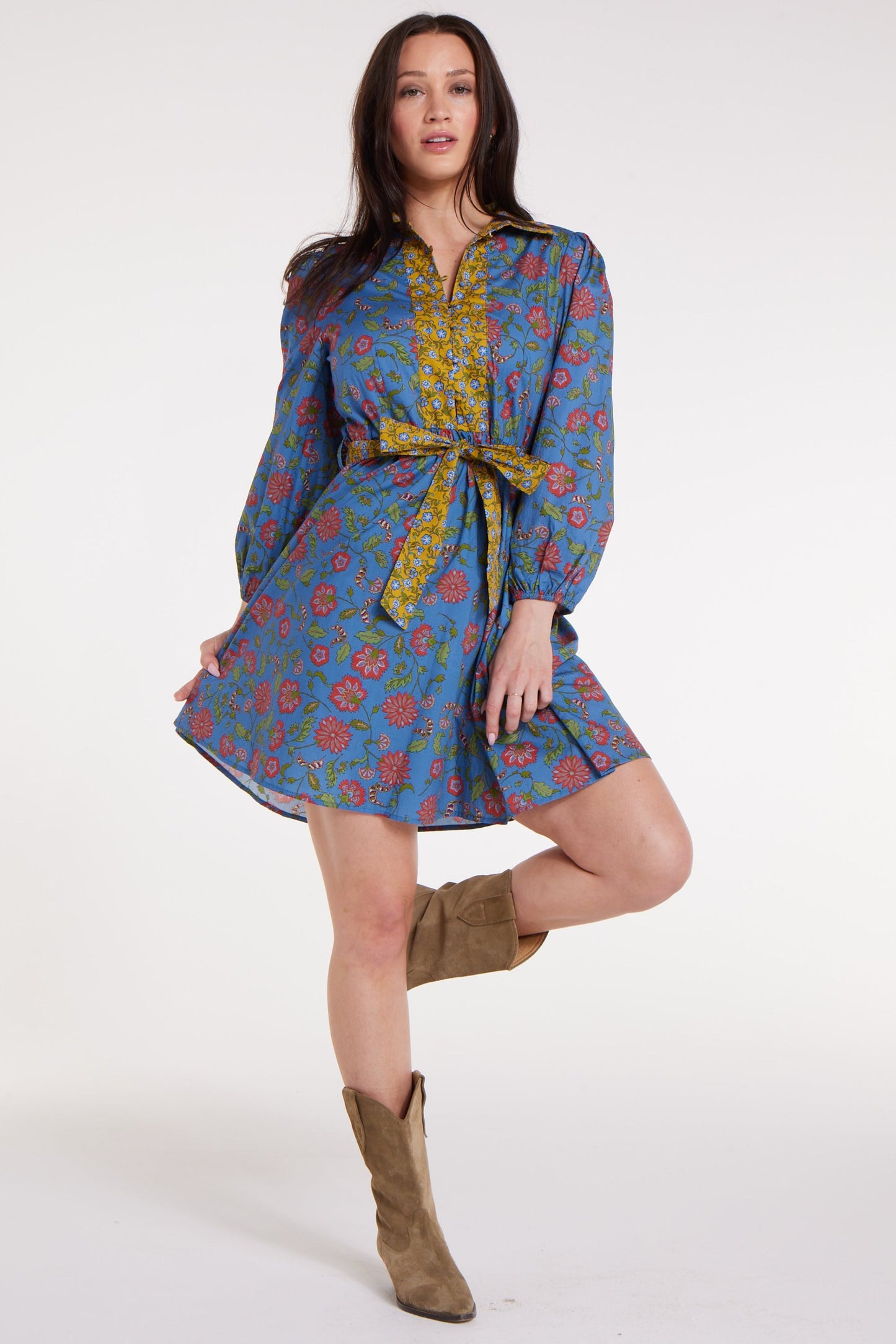 Best Seller Halle Collared Belted Mini Dress in Blue Floral by Hermoza