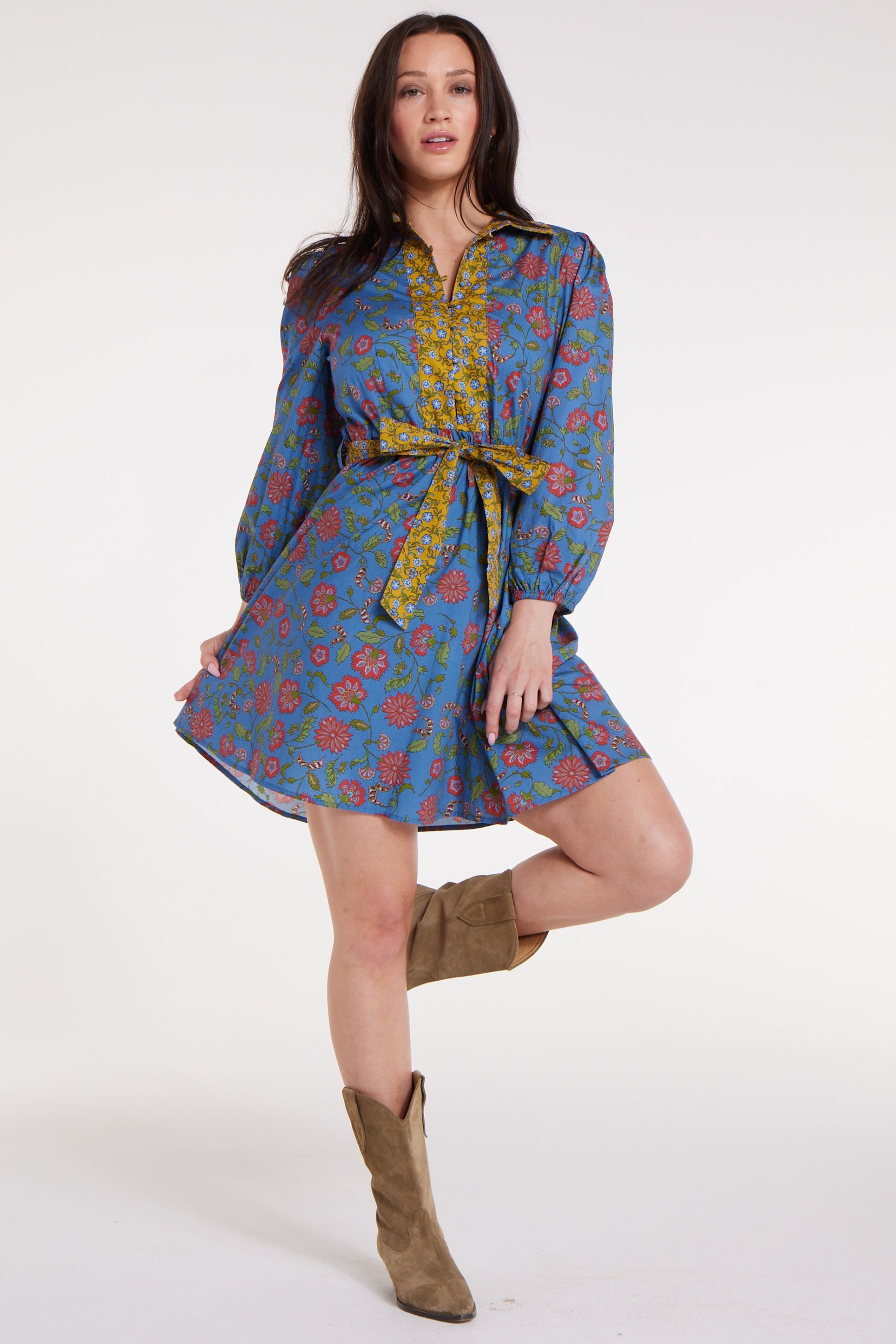 Best Seller Halle Collared Belted Mini Dress in Blue Floral by Hermoza