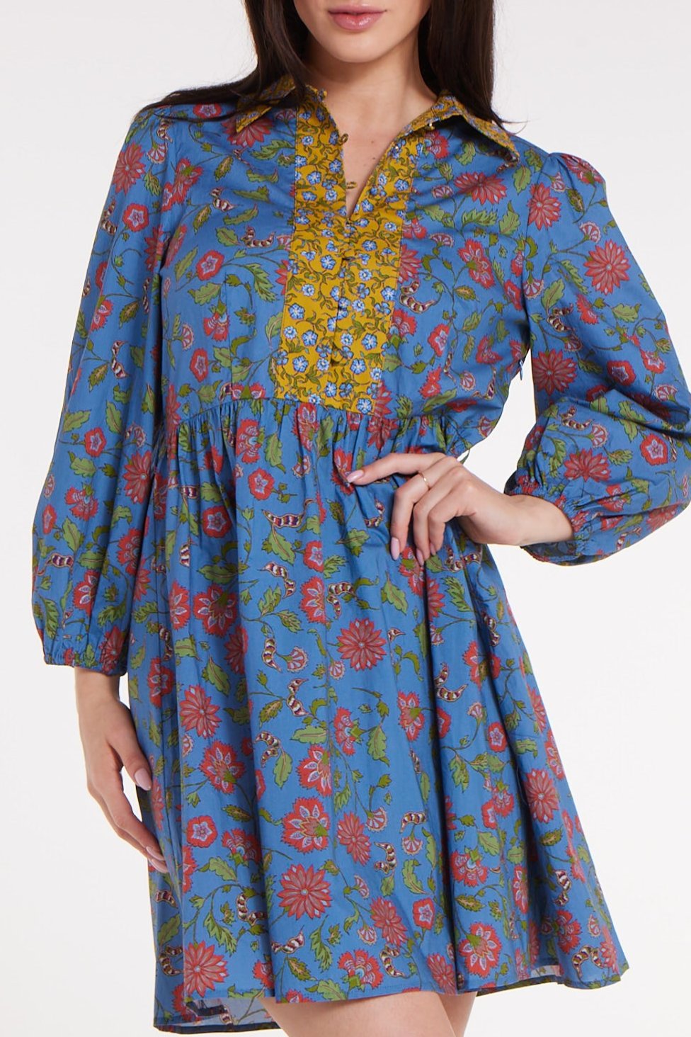 Best Seller Halle Collared Belted Mini Dress in Blue Floral by Hermoza
