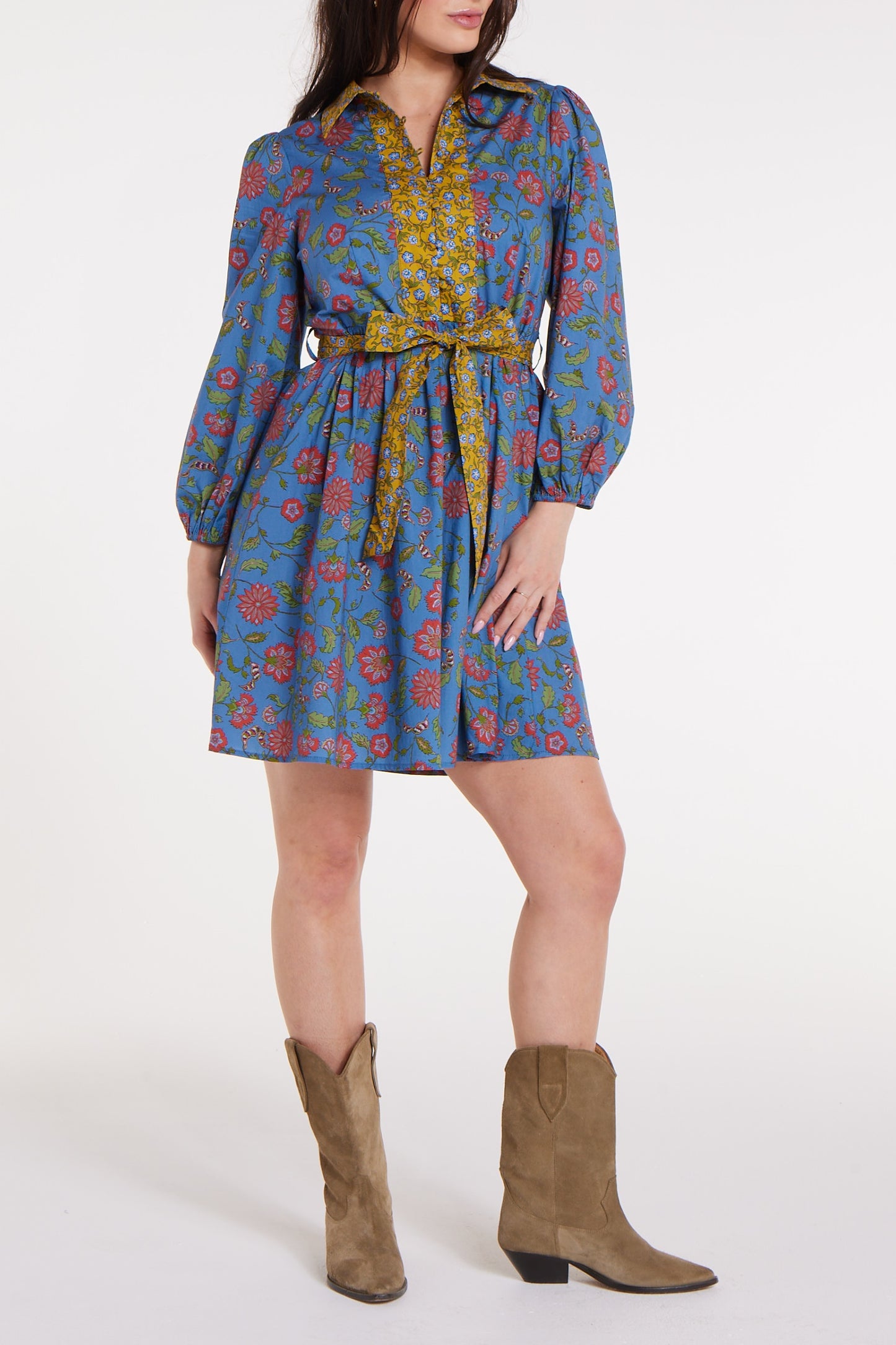 Best Seller Halle Collared Belted Mini Dress in Blue Floral by Hermoza