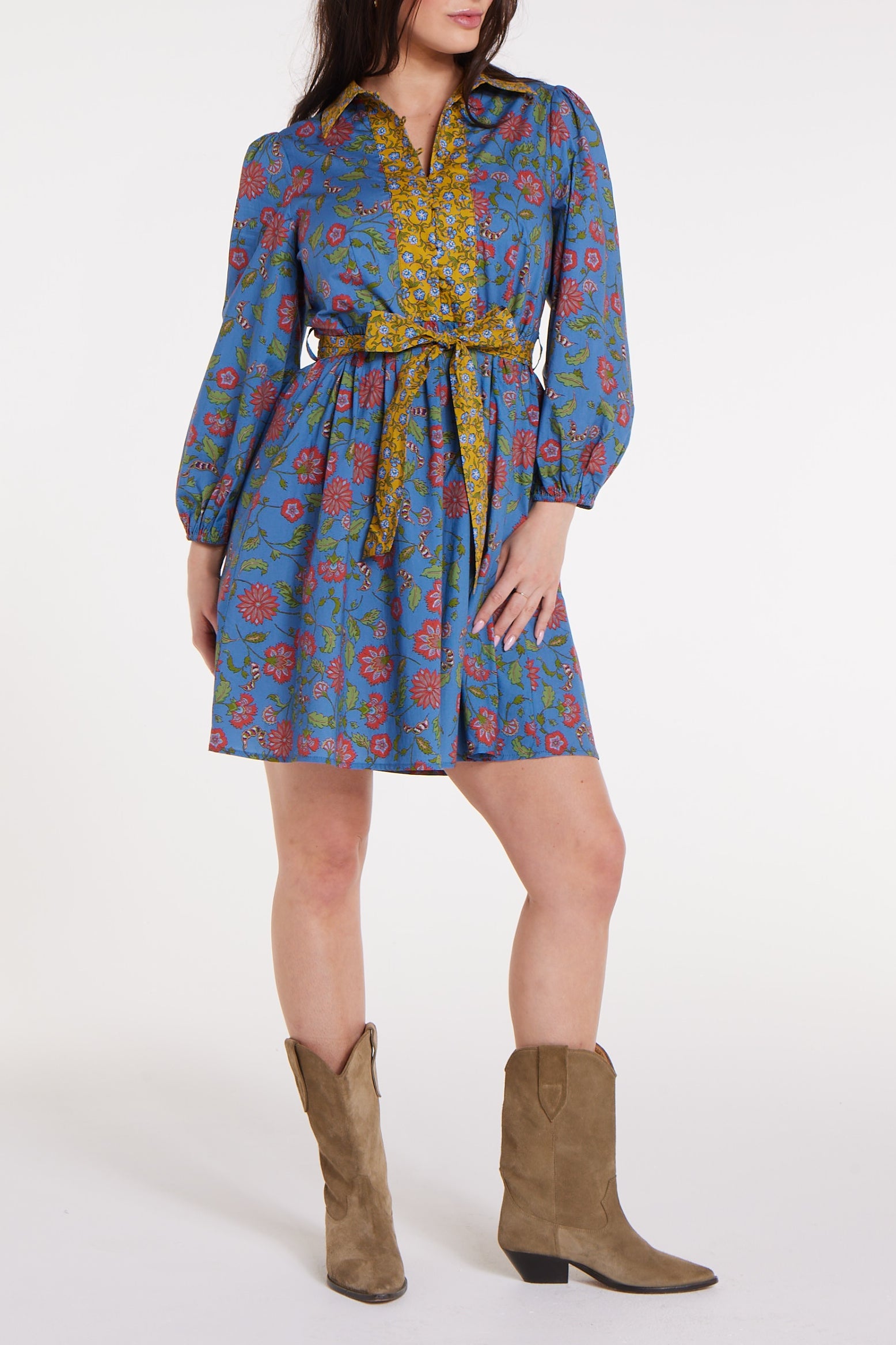 Best Seller Halle Collared Belted Mini Dress in Blue Floral by Hermoza