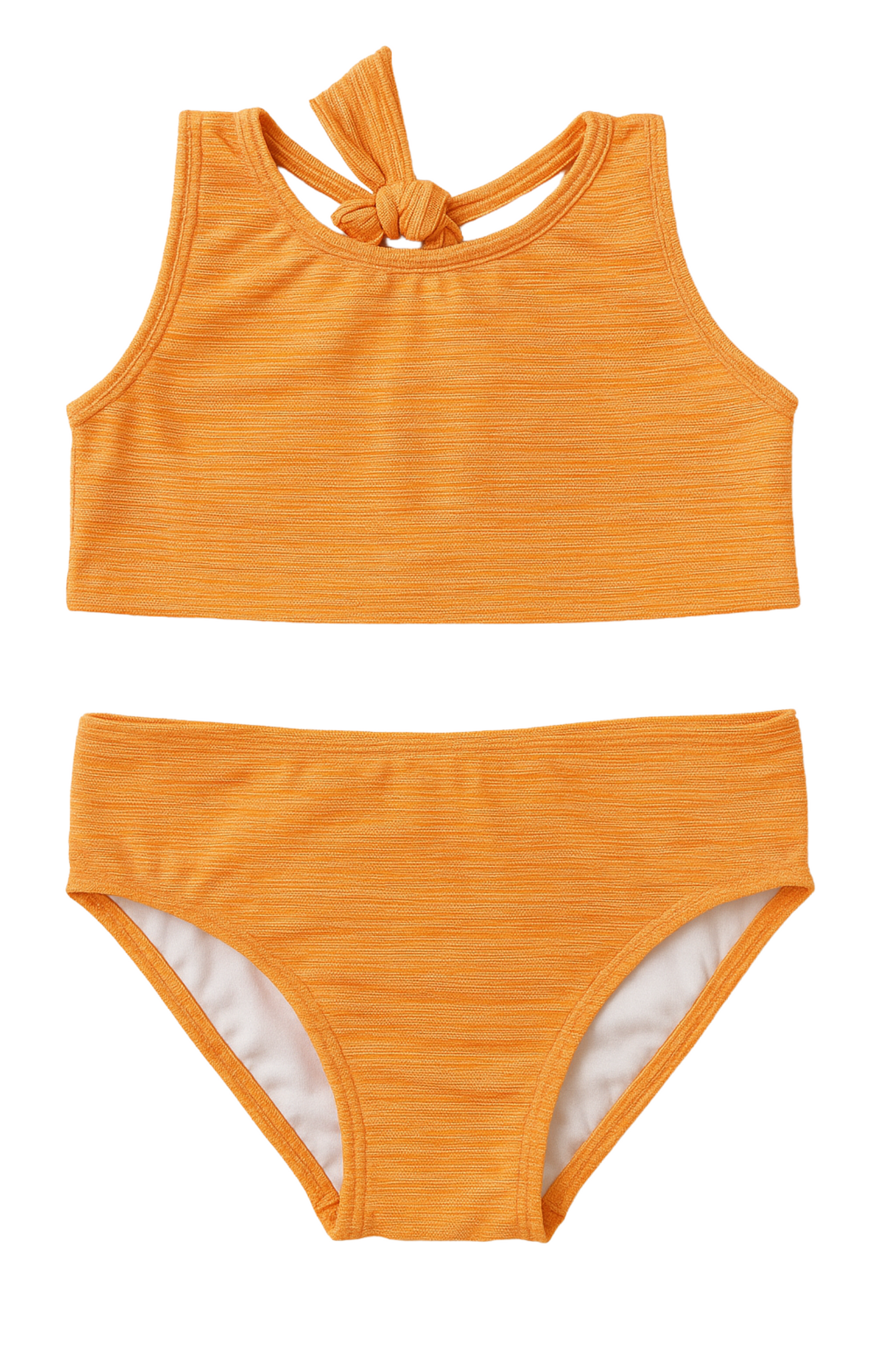 Orange bikini set with a tank top and high-waisted bottoms on a white background