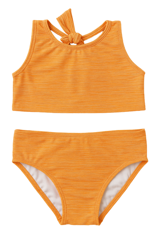 Orange bikini set with a tank top and high-waisted bottoms on a white background