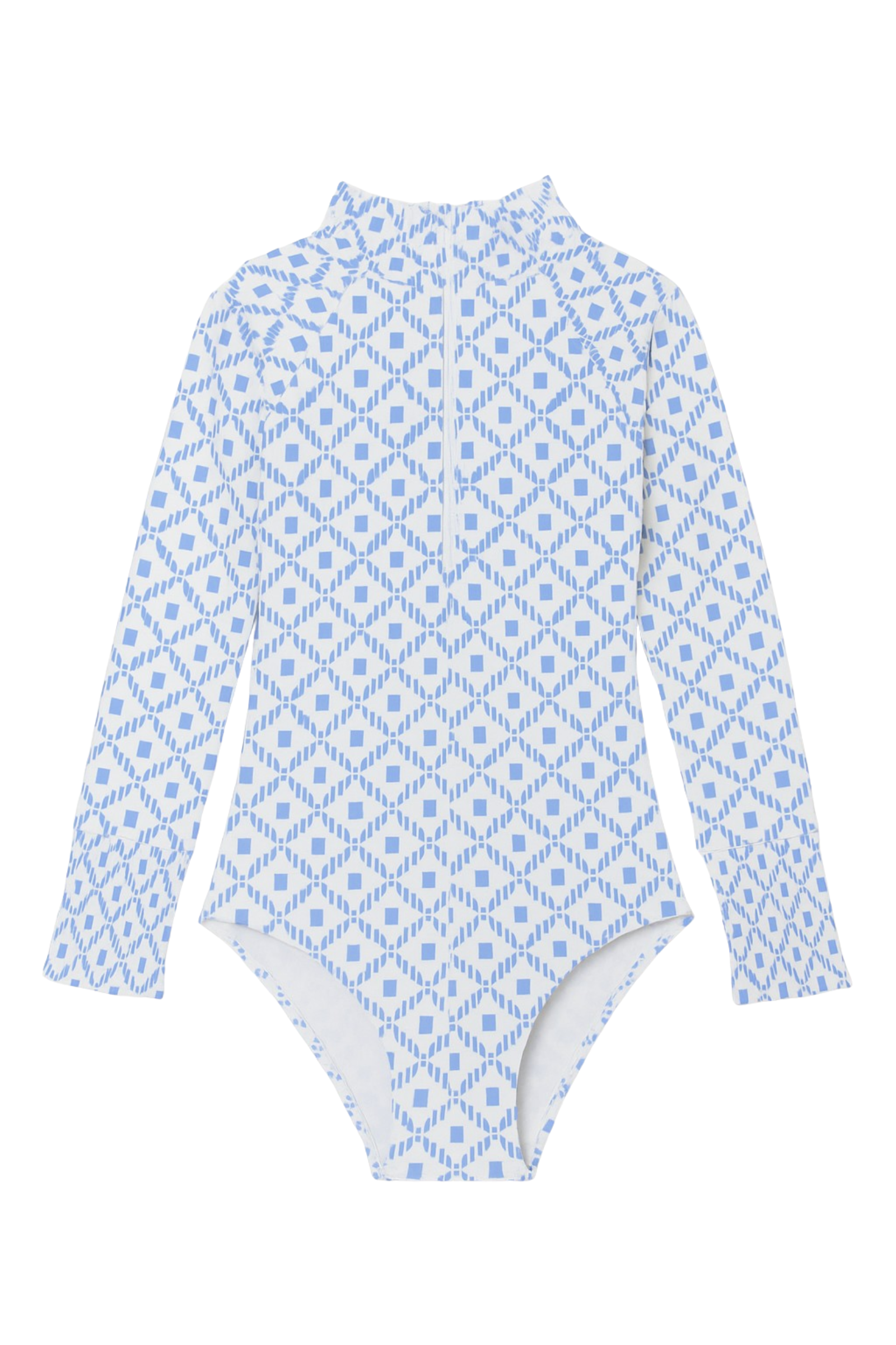 Blue and white patterned swimsuit on a white background