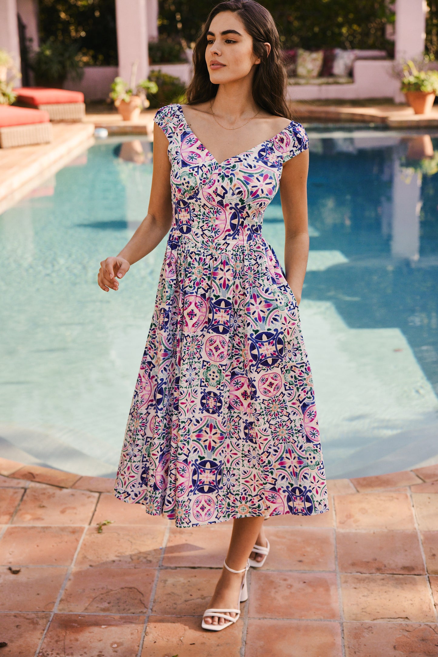 Favorite Valentina Sweetheart Midi Dress in Purple Tile by Hermoza