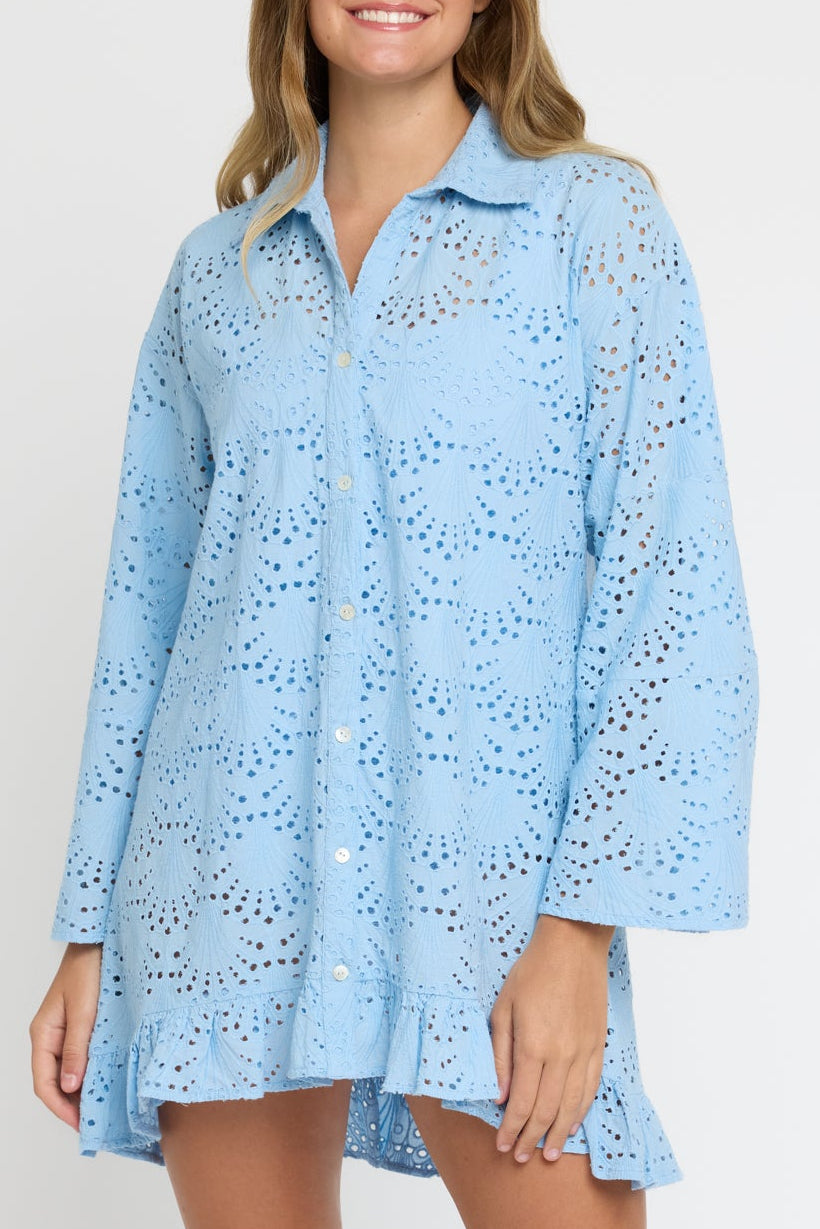 Betty Flounce Sleeve Dress Cover-up in Powder Blue Eyelet