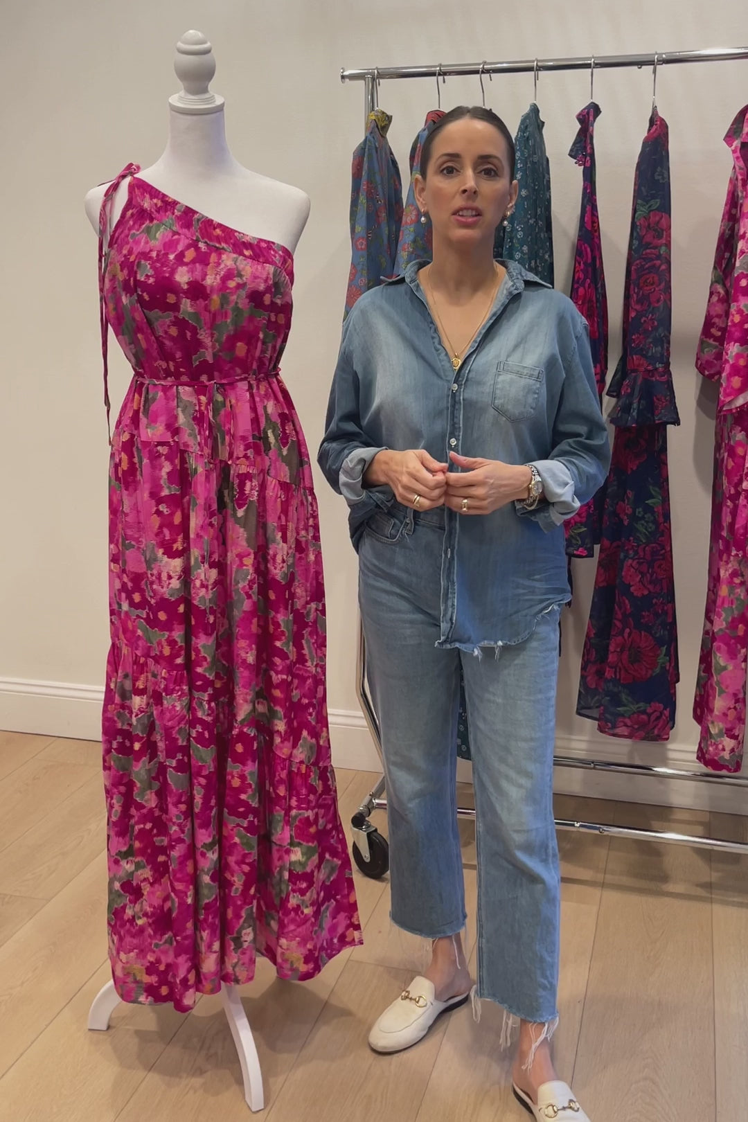 Favorite Joyce One-Shoulder Belted Tie Maxi Dress in Pink Ikat by Hermoza
