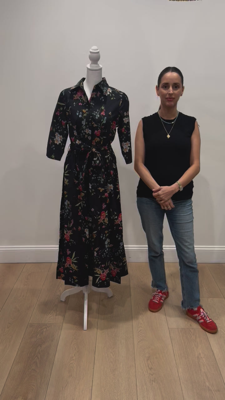 Back in Francesca Collared Belted Maxi Dress in Black Floral by Hermoza