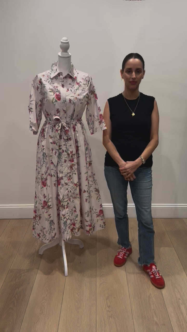Back in Francesca Collared Belted Maxi Dress in White Floral by Hermoza