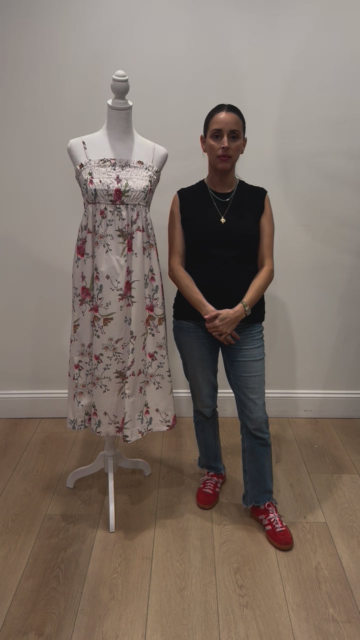 New in Margot Smocked Spaghetti Strap Midi Dress in White Floral by Hermoza