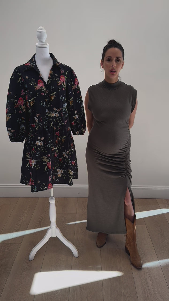 Best Seller Katie Collared Mini Shirt Dress in Black Floral by Hermoza