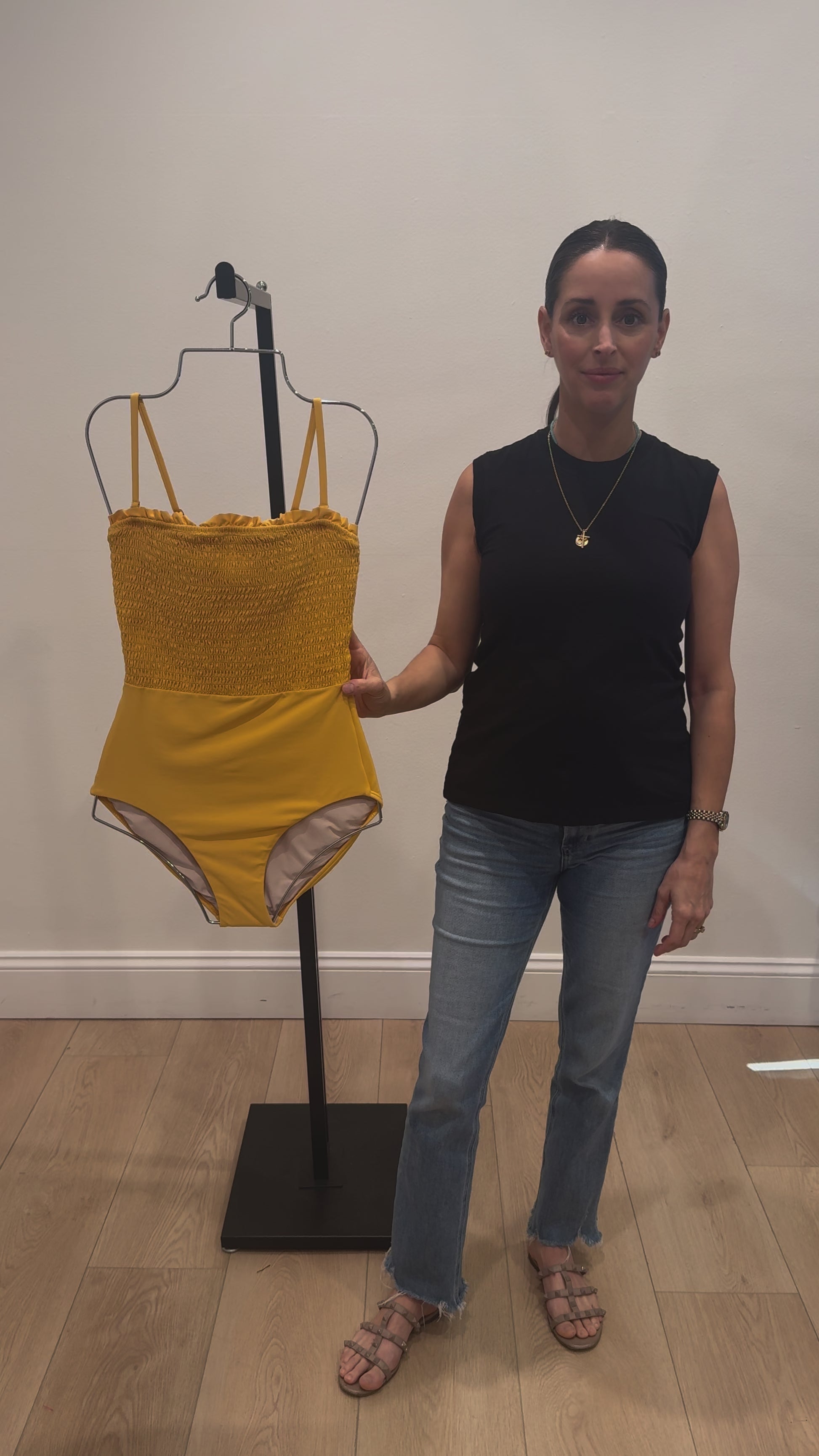 Back in Carrie Smocked Bandeau One-Piece Swimsuit in Marigold by Hermoza
