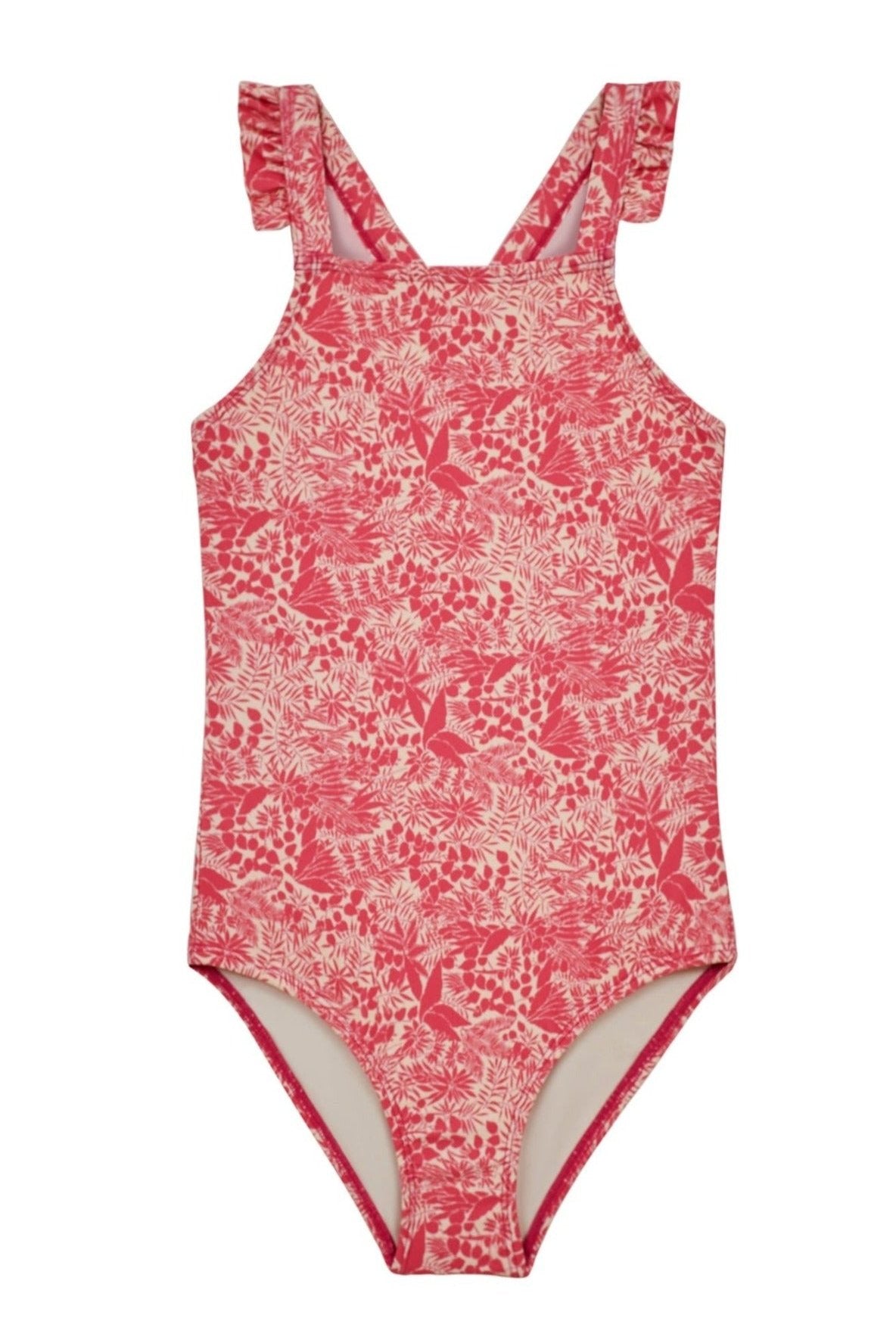Fan Favorite Little Cece Criss-Cross Ruffle One-Piece Swimsuit in Coral Ditsy by Hermoza