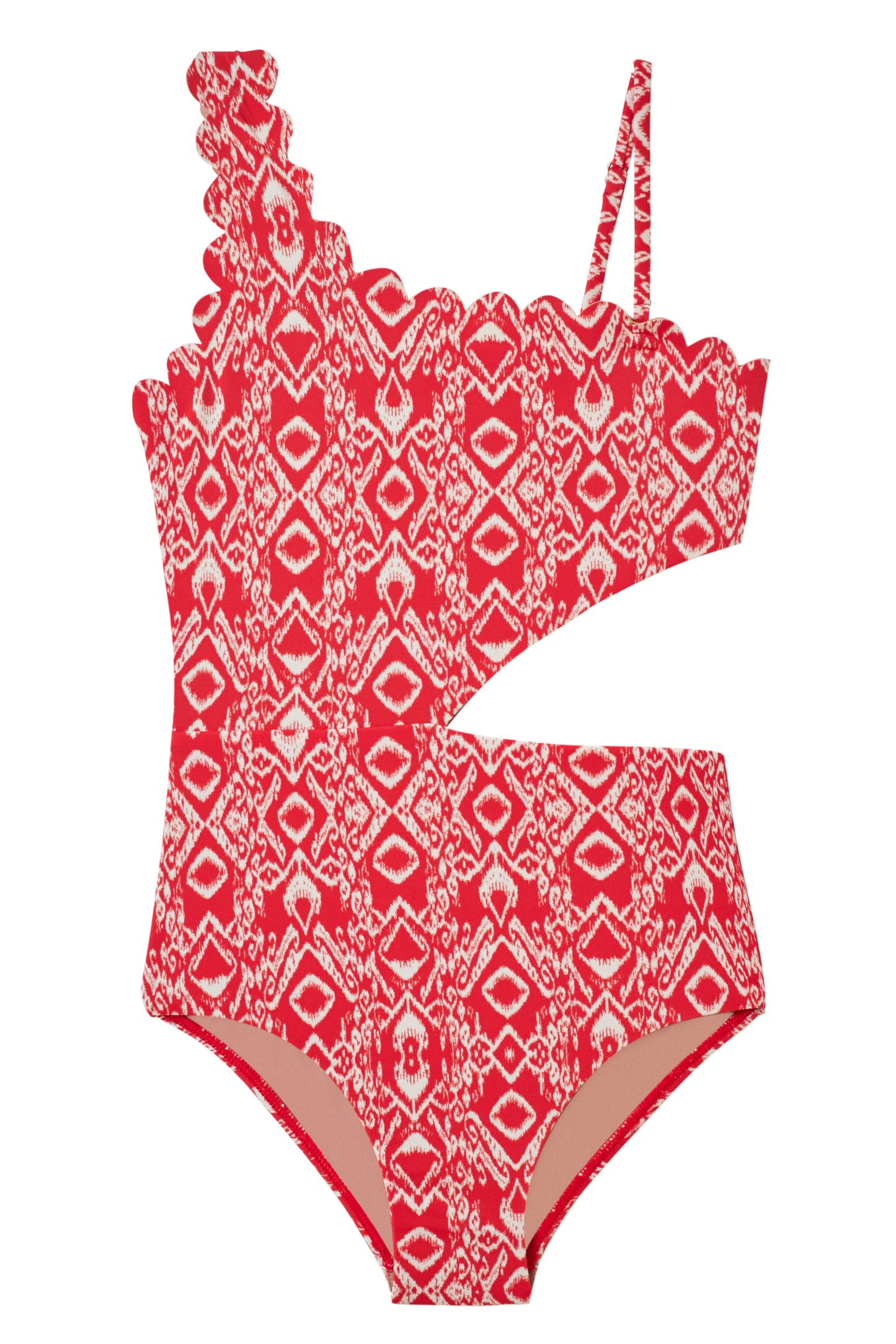 Best Seller Little Becky Cut Out One Shoulder One-Piece Swimsuit in Red Ikat by Hermoza