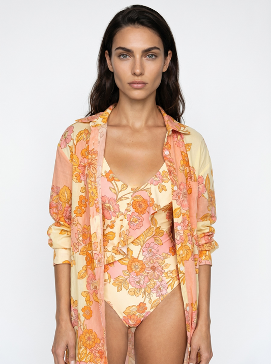 Olivia Button Front Collared Shirt Dress in Falling for Flowers