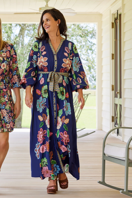 Johanna Belted Tie Maxi Dress in Navy Floral