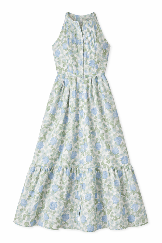 Hilde High Neck Halter Button Front Maxi Dress in Blue Floral - FINAL SALE