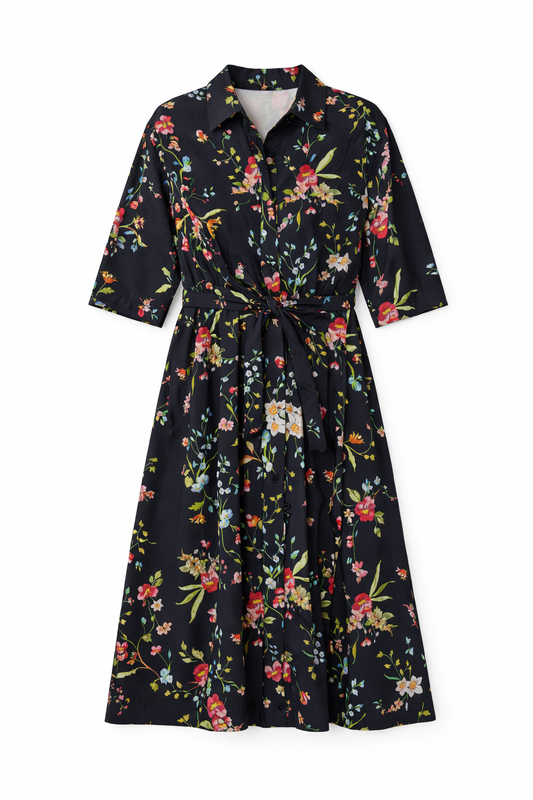 Francesca Collared Belted Maxi Dress in Black Floral - FINAL SALE