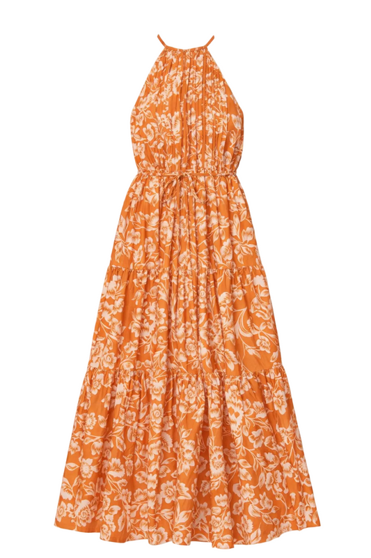 Hilde High Neck Halter Button Front Maxi Dress in Sicilian Orange Blossom - FINAL SALE