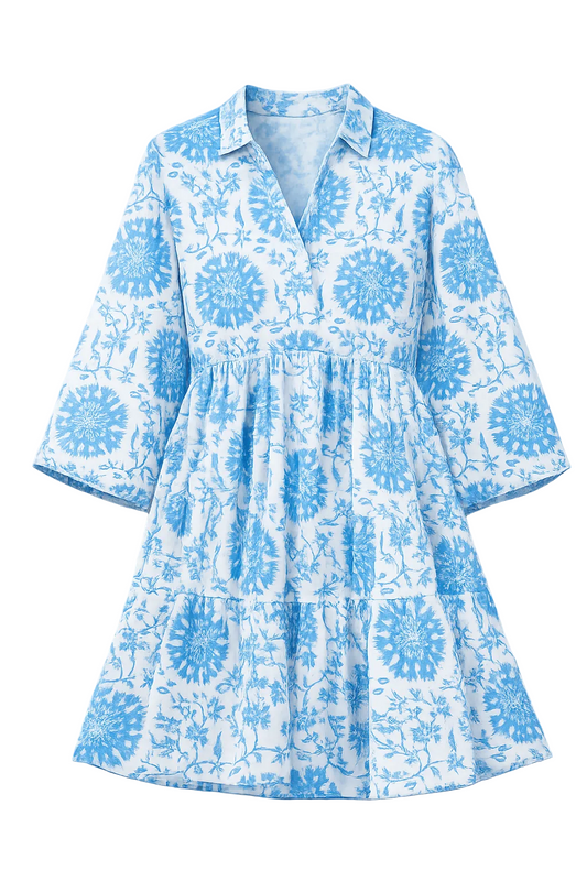 Katie Collared Mini Shirt Dress in Medallion Blue - FINAL SALE
