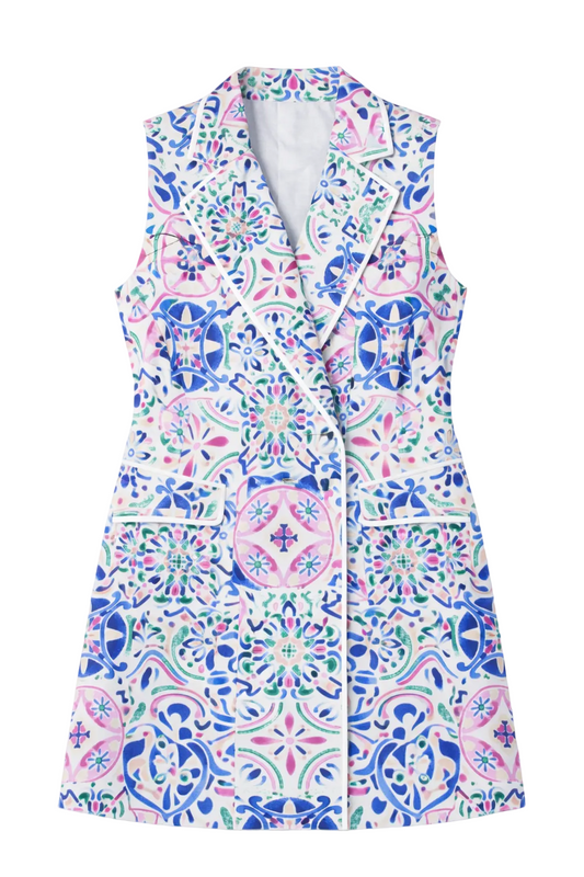 Martina Tuxedo Mini Dress in Purple Tile with White Binding - FINAL SALE