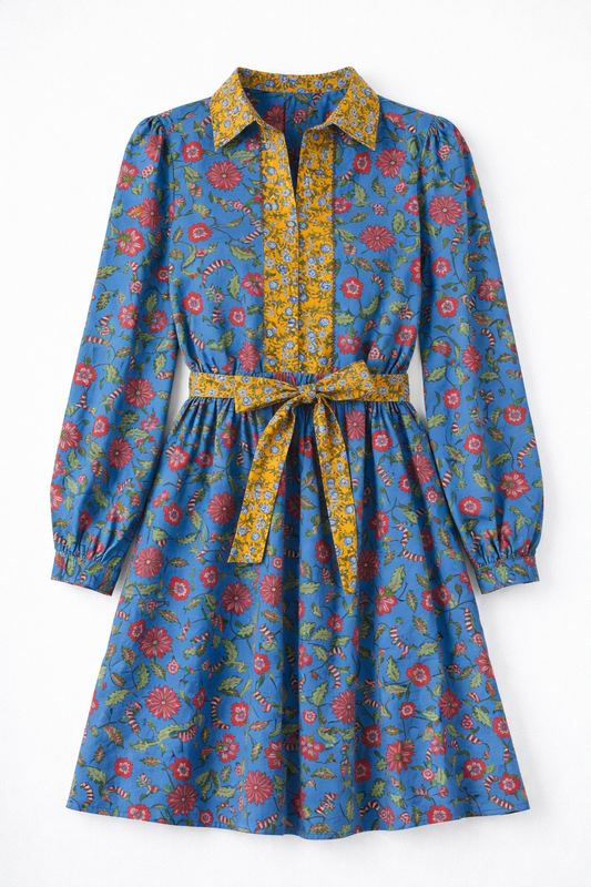 Halle Collared Belted Mini Dress in Blue Floral - FINAL SALE