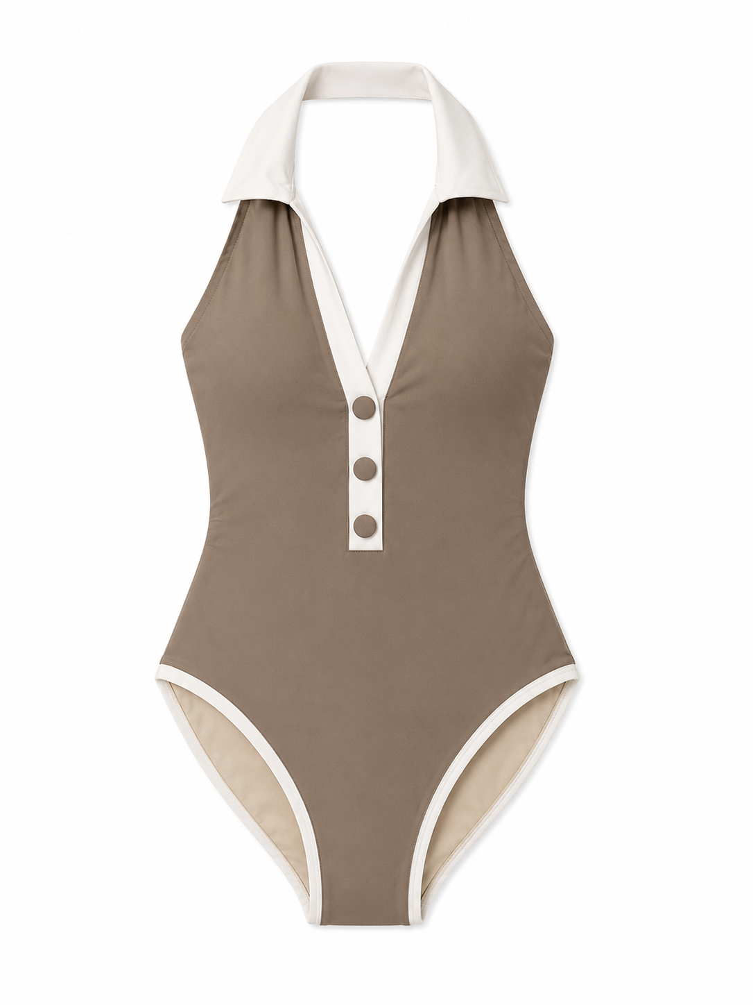 Karina One-Piece Halter Button Neck Swimsuit in Taupe