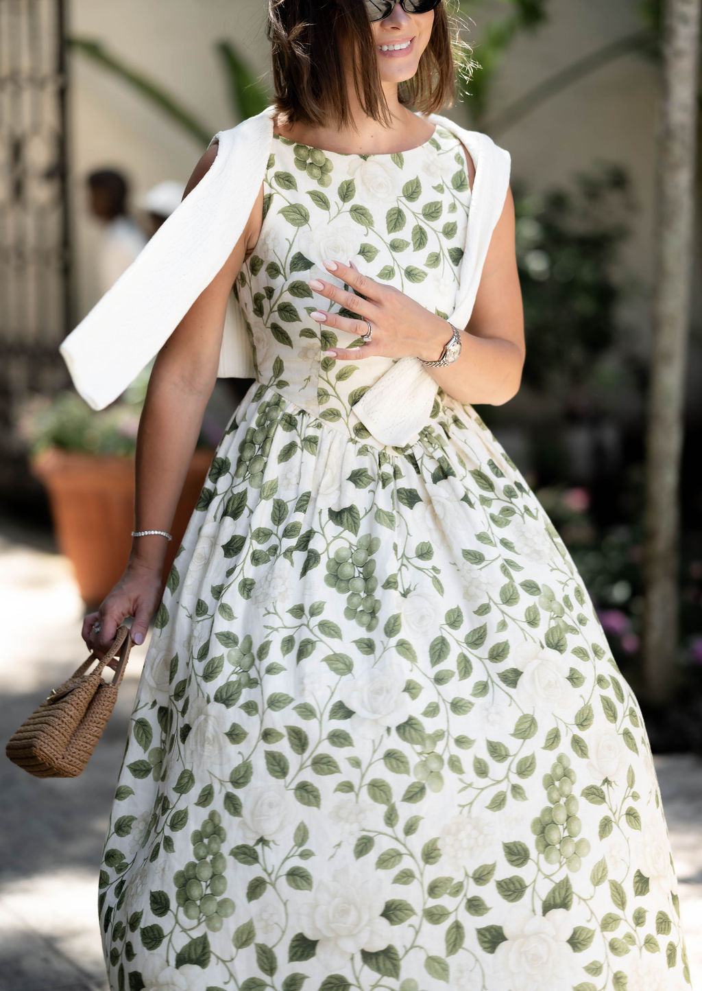 Victoria Boat Neck Linen Midi Dress in Roses on the Vine
