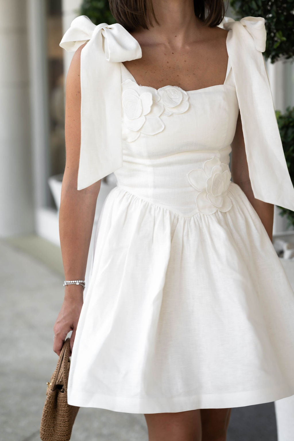 Esmae Linen Bow Mini Dress in Ivory Rose